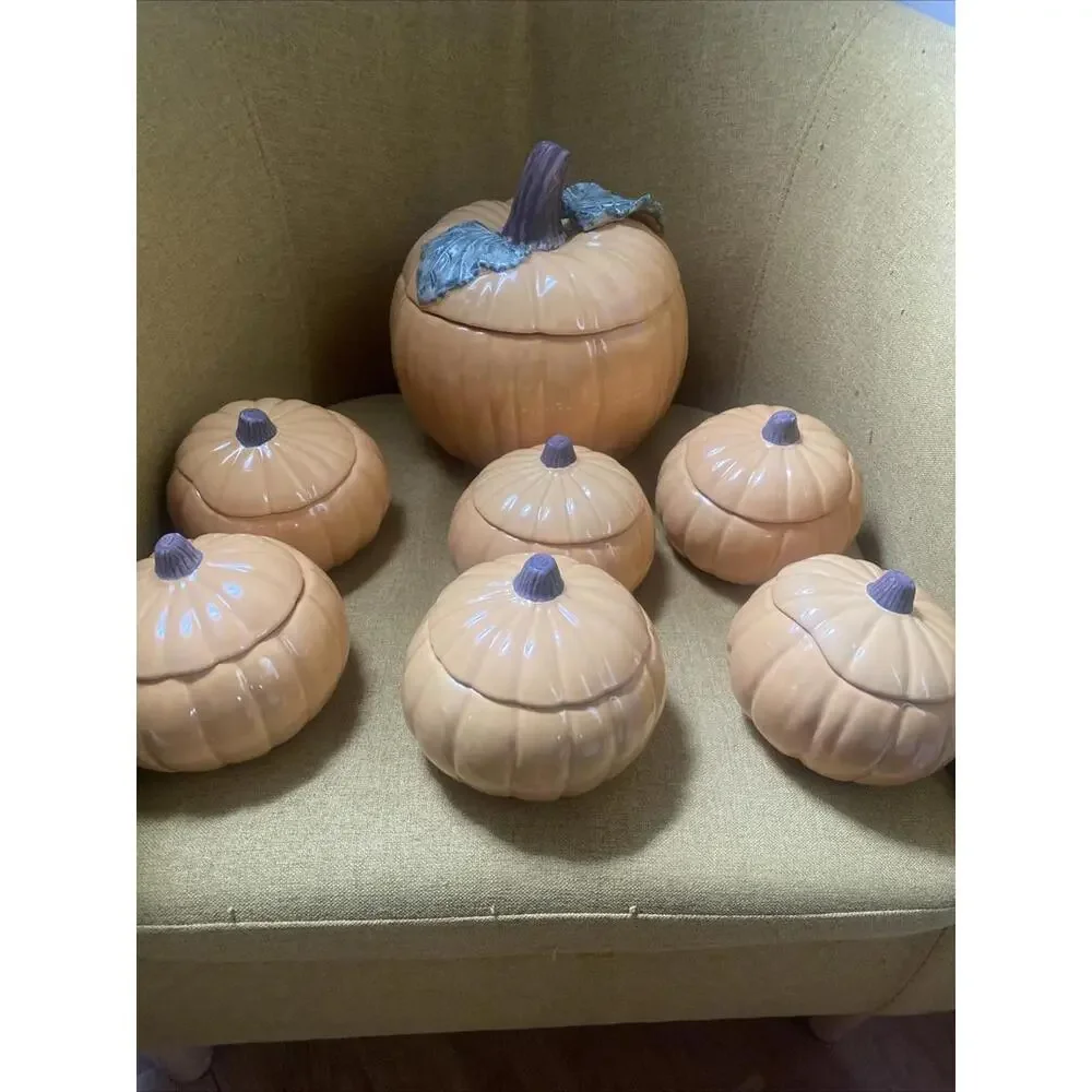 7 Williams Sonoma PUMPKIN Autumn Harvest Soup Lidded Bowls And Large Tureen